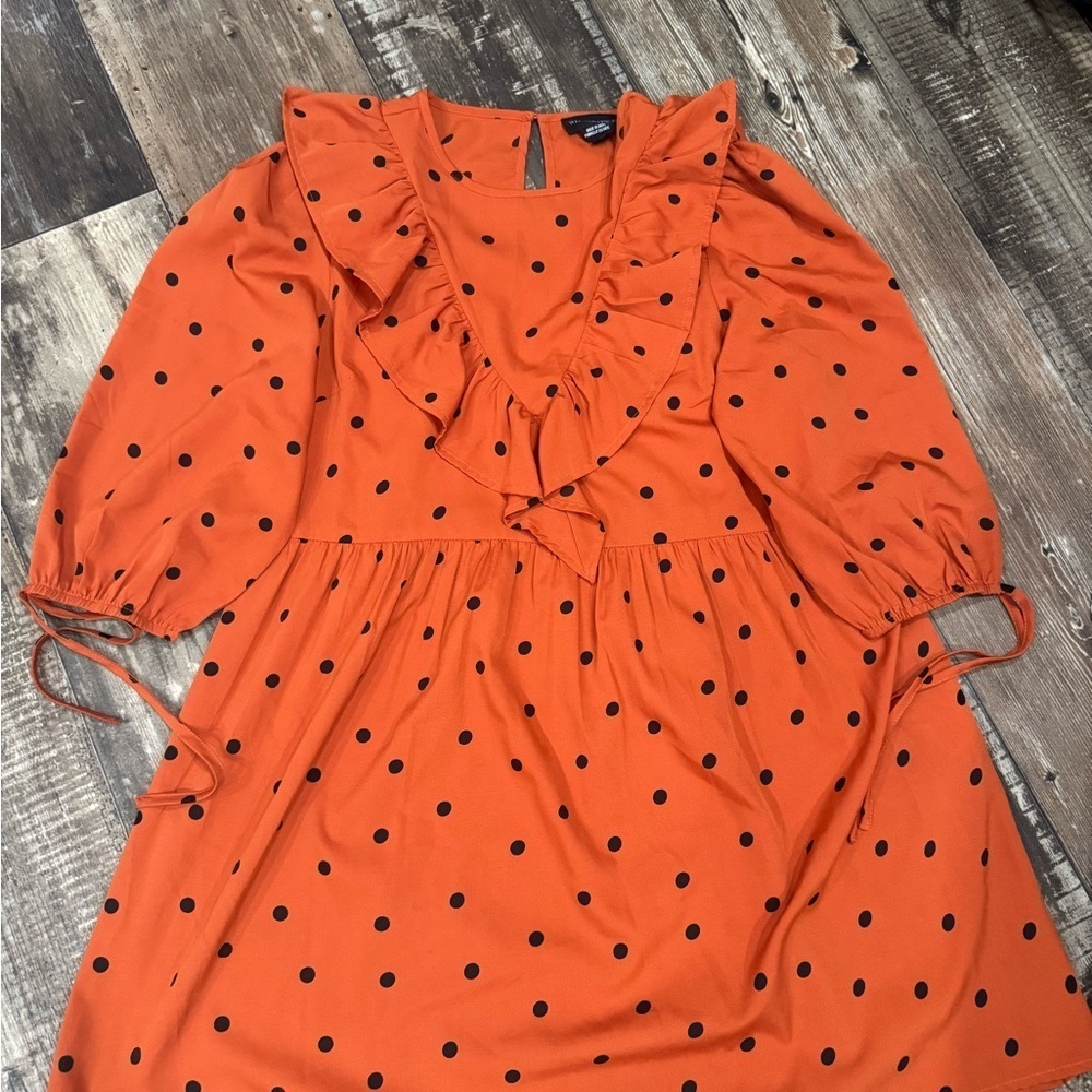 Chic Orange Polka Dot Mini Dress with Ruffle Neckline